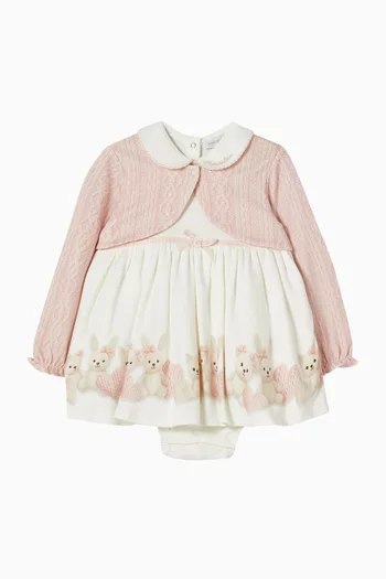 Teddy-printed Dress & Cardigan Set