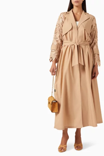 Trench Coat Lace Overlay Abaya in Cotton Poplin