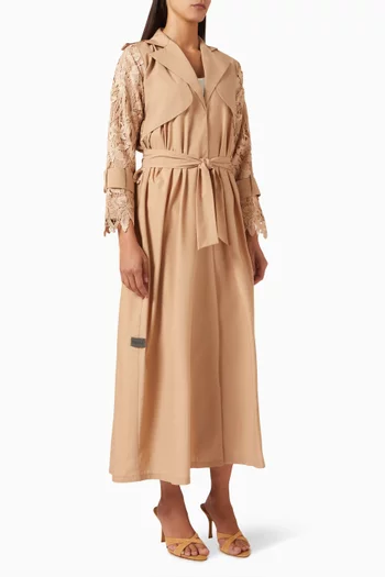 Trench Coat Lace Overlay Abaya in Cotton Poplin