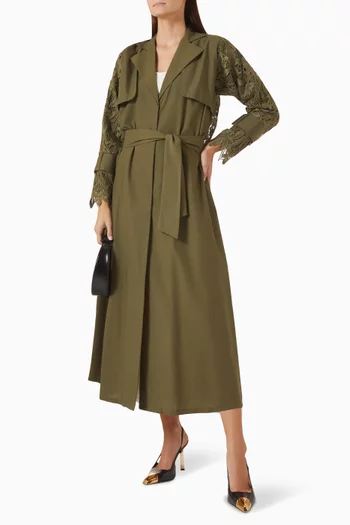 Trench Coat Lace Overlay Abaya in Cotton Poplin