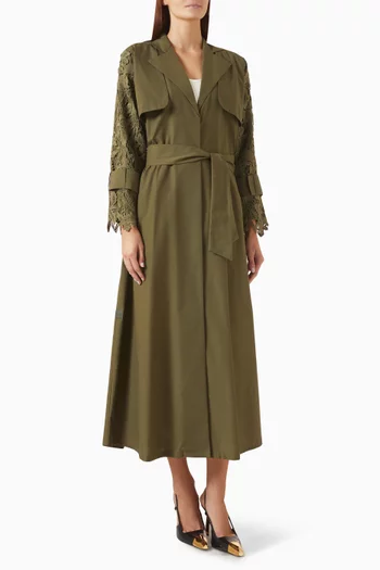 Trench Coat Lace Overlay Abaya in Cotton Poplin