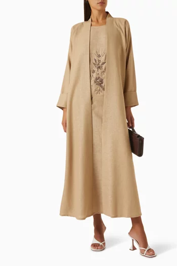 Contrast Thread & Beaded Band Abaya in Linen