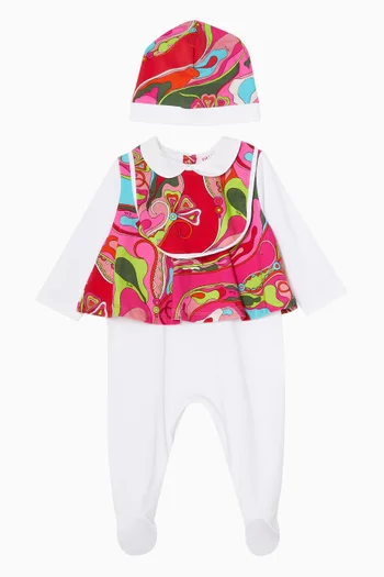 Printed Pyjama Romper, Beanie & Bib Set