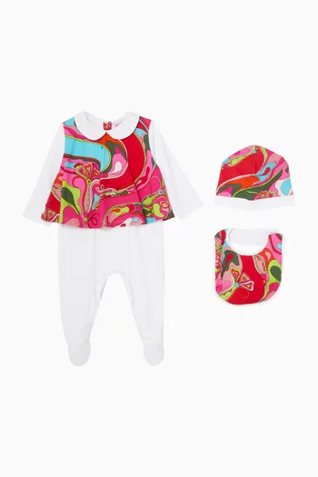 Printed Pyjama Romper, Beanie & Bib Set