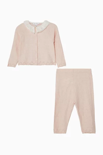 Ruffled Collar Cardigan & Pants Set in Cotton & Cashmere
