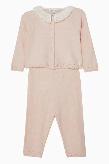 Ruffled Collar Cardigan & Pants Set in Cotton & Cashmere