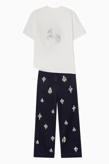Rhinestone Horse-motif T-shirt in Cotton