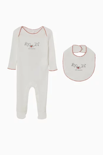Bird Print Pyjama Romper & Bib Set in Cotton