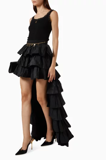Chain-detail Asymmetric Flounce Skirt in Taffeta Voile