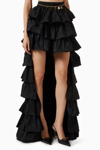 Chain-detail Asymmetric Flounce Skirt in Taffeta Voile