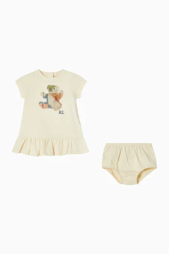 Bear Motif Dress & Bloomer Set in Cotton
