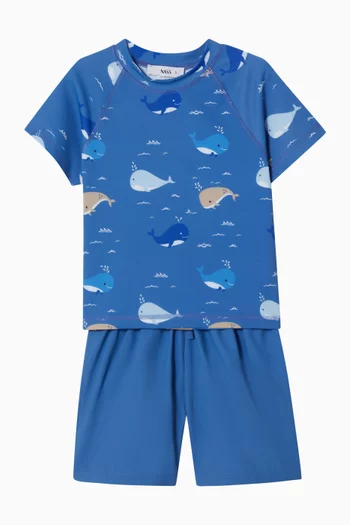 Whale-print Rash Guard & Swim Shorts Set