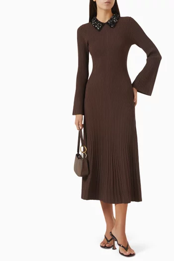 Mazie Embellished-collar Midi Dress in Ribbed-knit