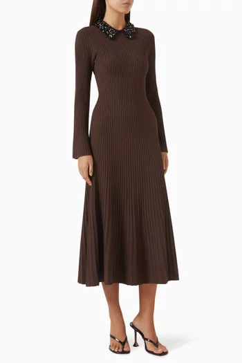 Mazie Embellished-collar Midi Dress in Ribbed-knit