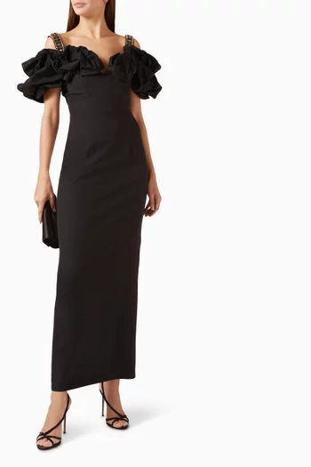 Ruffle Off-shoulder Column Gown in Crepe