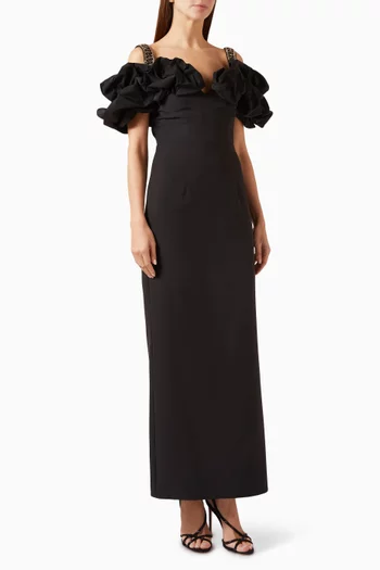 Ruffle Off-shoulder Column Gown in Crepe