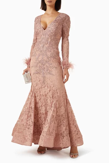 Embellished Feather Mermaid Gown