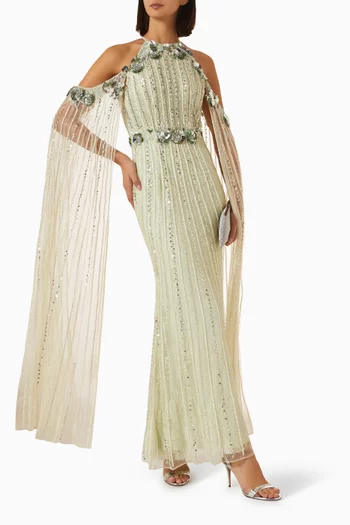 Beaded Cape-sleeve Gown in Mesh