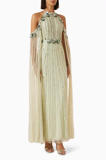 Beaded Cape-sleeve Gown in Mesh
