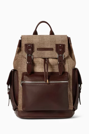 Chevron-effect City Backpack in Techno Fabric & Calfskin