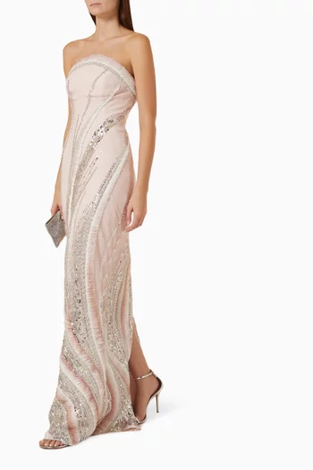 Abstract Beaded Strapless Gown