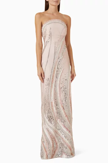 Abstract Beaded Strapless Gown