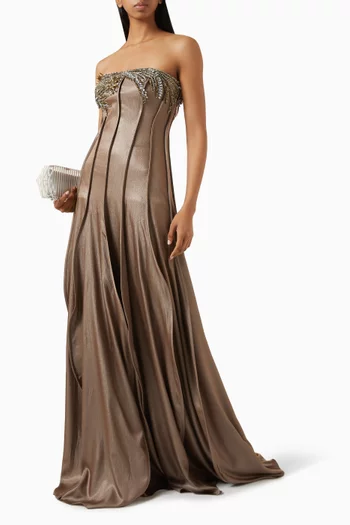 Asymmetric Beaded Strapless Gown