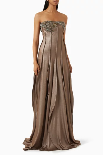 Asymmetric Beaded Strapless Gown