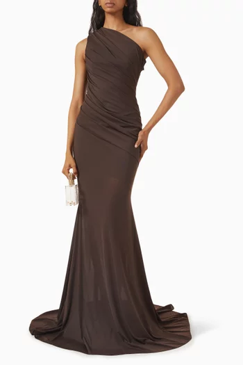 One-shoulder Tucked Gown in Stretch-mesh