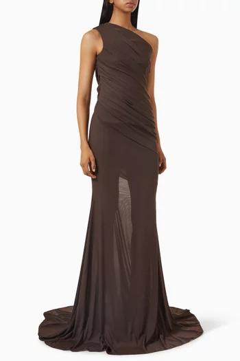 One-shoulder Tucked Gown in Stretch-mesh