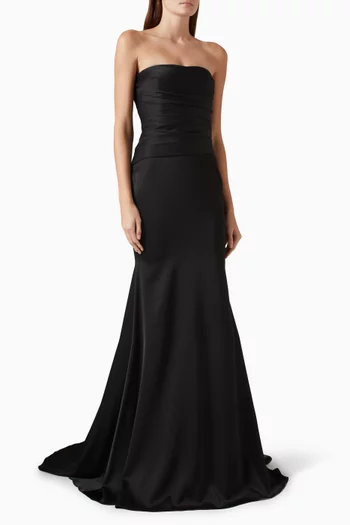 Strapless Tucked Gown in Satin Crepe