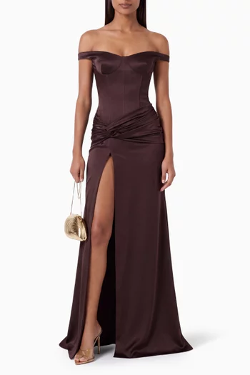 Off-shoulder Knot Gown in Satin Crepe