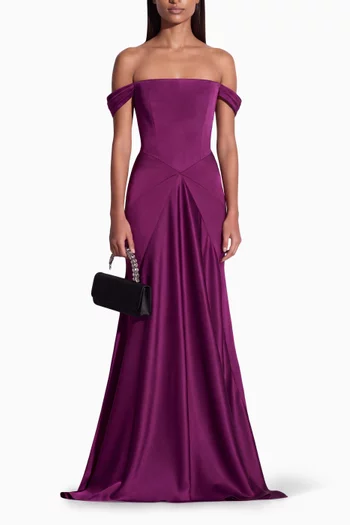 Off-shoulder Panelled Gown in Satin Crepe