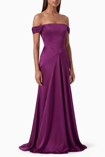 Off-shoulder Panelled Gown in Satin Crepe