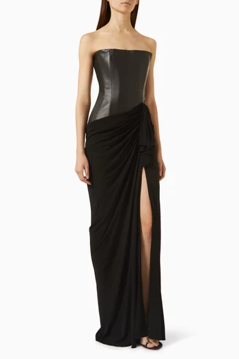 Strapless Asymmetric Gown in Leather & Jersey