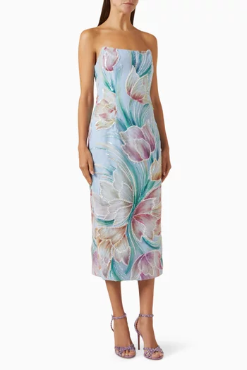 Priselle Strapless Embroidered Midi Dress in Mesh
