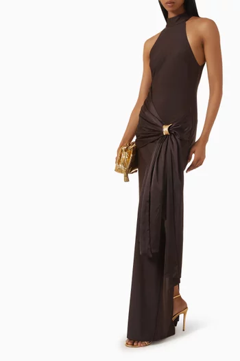 Halterneck Clasp Sash Maxi Dress in Satin