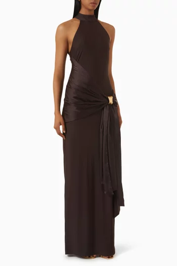 Halterneck Clasp Sash Maxi Dress in Satin