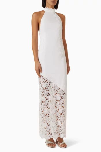 Halter-neck Open-back Maxi Dress in Cotton Crochet