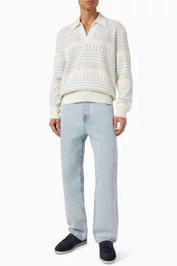 Openwork Knit Polo Sweater in Cotton & Wool