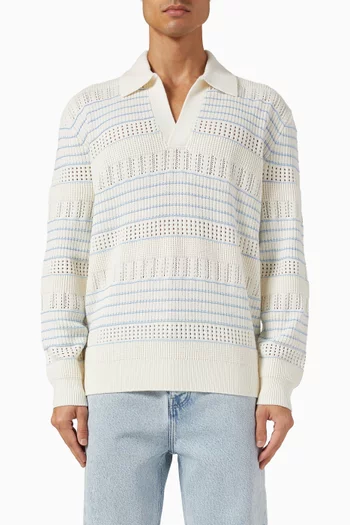 Openwork Knit Polo Sweater in Cotton & Wool