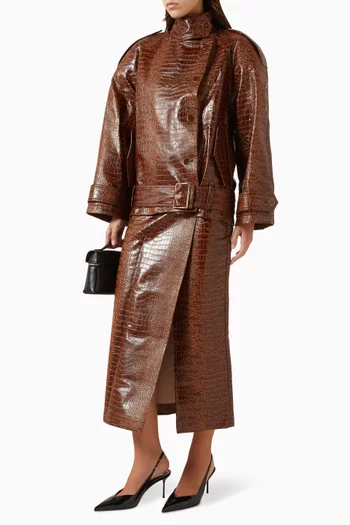 Maxi Belted Short Trenchcoat in Croco Eco Leather