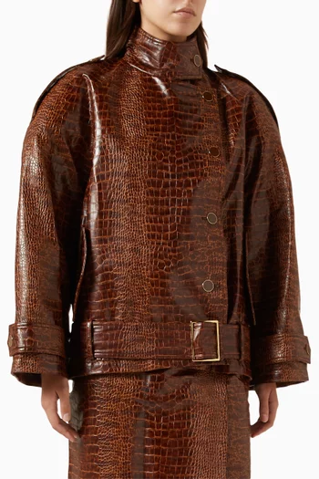 Maxi Belted Short Trenchcoat in Croco Eco Leather