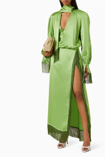 Fringe Slit Dress in Satin