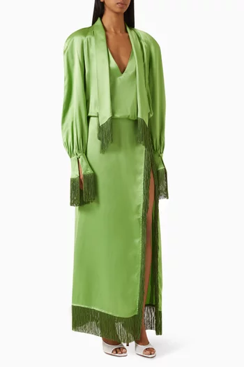 Fringe Slit Dress in Satin