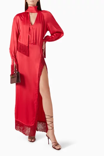 Fringe Slit Dress in Satin