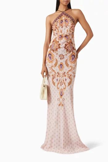 فستان اديلين طويل بنقشة وشاح فيسكوز