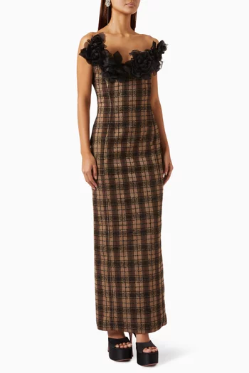Floral-appliqué Plaid Dress