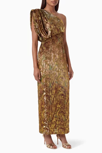 Eden One-shoulder Dress in Chiffon & Velvet-jacquard