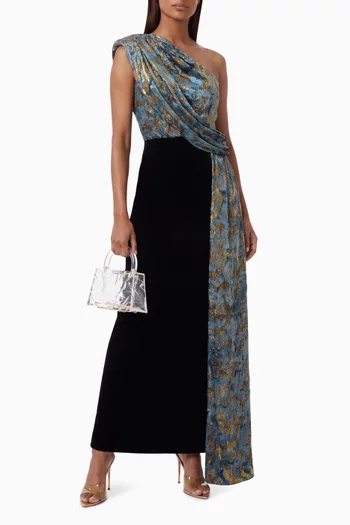 Sylvie One-shoulder Draped Dress in Chiffon Velvet Jacquard